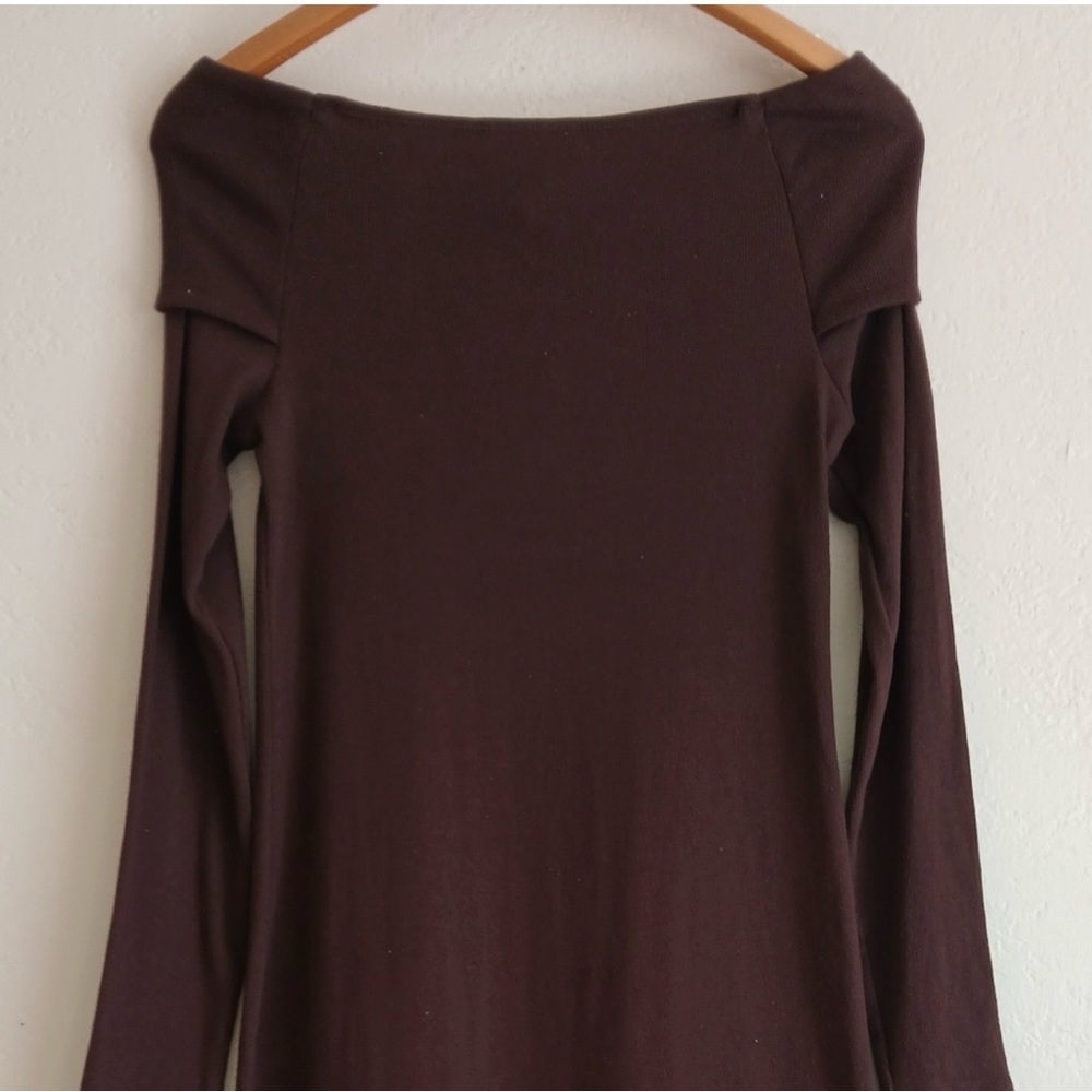 NWT Chocolate Brown Off Shoulder Ribbed Midi Dress Long Sleeve Bodycon Medium - Picture 8 of 13